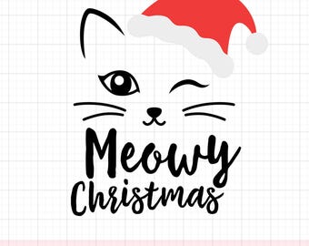 Meowy Weihnachten SVG PNG DXF | Niedliches Katzen Gesicht mit Weihnachtsmütze Shirt Design | Lustige Feiertagsschnittdatei für Katzenliebhaber und Katzenmamas
