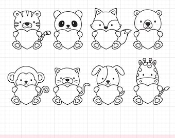 Puede incluir: Conjunto de 8 archivos de corte SVG en blanco y negro en forma de línea que representan diferentes animales sosteniendo corazones. Los animales incluyen un tigre, un panda, un zorro, un oso, un mono, un gato, un perro y una jirafa.  SVG CUT FILES - PNG - DXF Creative Cat and Co.