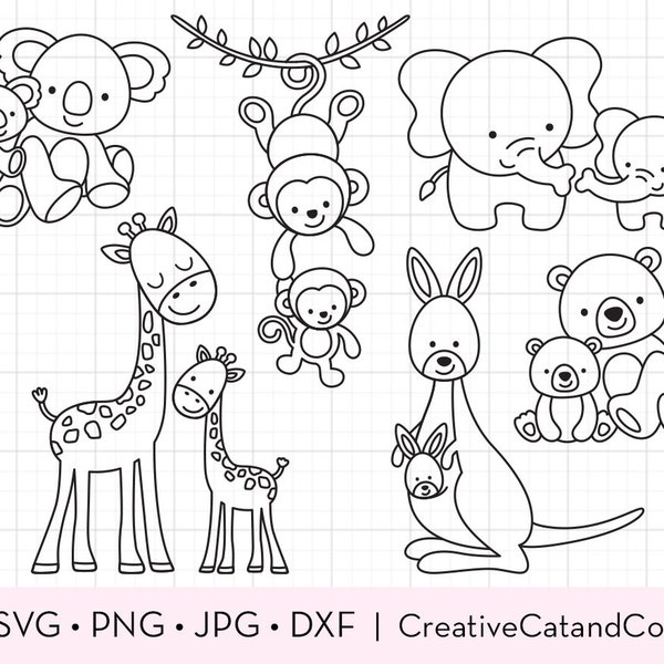 Mother’s Day Coloring Svg, Png, Jpg, Outlined Mom Baby Animals, Kid Activity, Bear, Elephant, Giraffes, Monkey, Line Art, Clipart, Cut Files