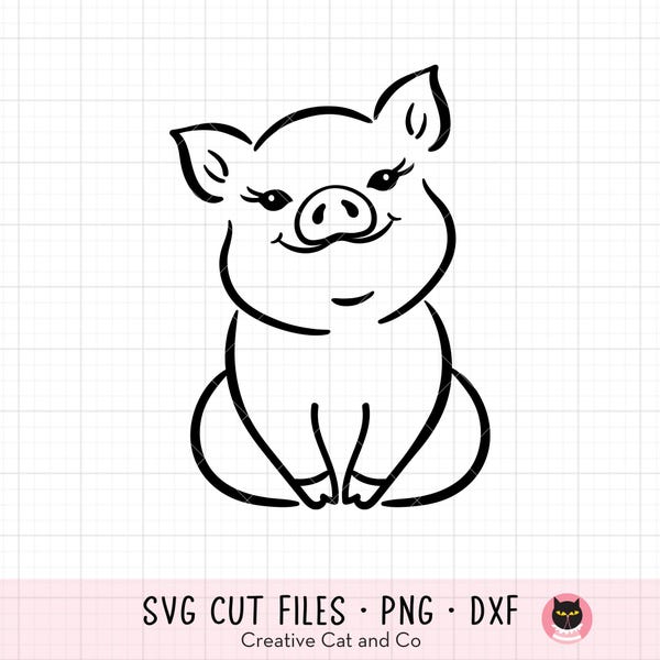 Disegno di un simpatico maialino in stile SVG, PNG, DXF, Clipart / Disegno minimalista di un maialino seduto in bianco e nero / File di taglio Cricut a un colore facile