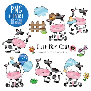 Baby Boy Cow PNG Bundle, Cute Cartoon Cow Clipart, Farmhouse Birthday Illustration, Baby Shower Invitation Designs, Milk Bottle, Balloon