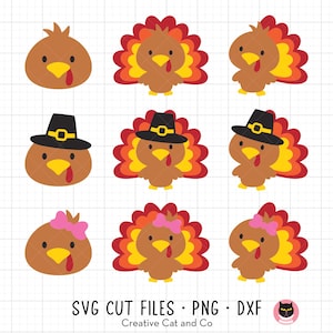 May include: Nine digital illustrations of cartoon turkeys in various poses. Some turkeys are wearing hats, some have bows, and some have feathers. The turkeys are all brown with orange and yellow feathers.