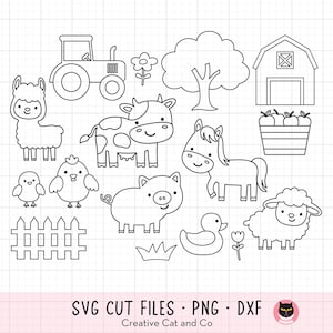 Farm Animal Coloring Outline SVG PNG DXF Cow Horse Sheep Llama Barn Animal Digital Stamp Outline for Kid Coloring Activity Cut Files Clipart