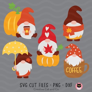 Fall Gnomes SVG PNG DXF Clip Art Set | 5 Cute Autumn Gnome Designs | Pumpkin, Leaves and Umbrella Graphics for Crafts and Decor