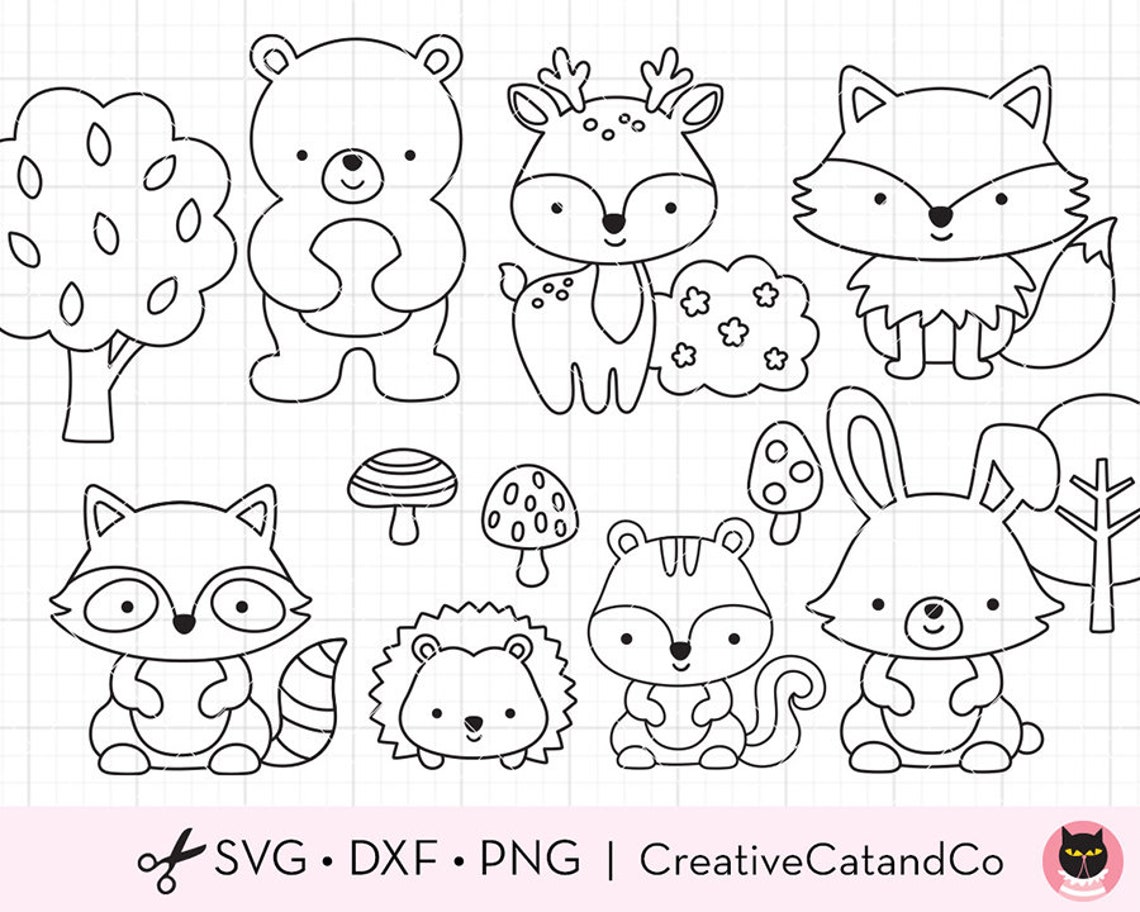 Forest Animals Outline Coloring SVG Digital Stamp Woodland Etsy