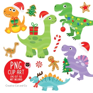 Christmas Dinosaur PNG Clipart Bundle | Cute Dinosaurs with Santa Hats, Reindeer, Trees and Gifts | Holiday Designs Kids Crafts and Decor
