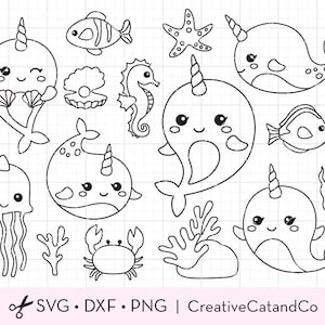 Narwhal Outline Coloring SVG, Cute Narwhal and Fishes Digital Stamp PNG Clipart, Sea Ocean Animal Clipart for Kid Coloring Activity Svg, Dxf