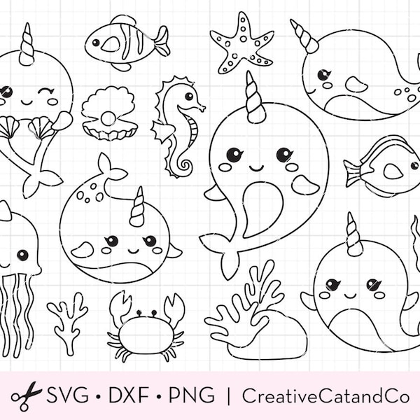 Narwhal Outline Coloring SVG, Cute Narwhal and Fishes Digital Stamp PNG Clipart, Sea Ocean Animal Clipart for Kid Coloring Activity Svg, Dxf