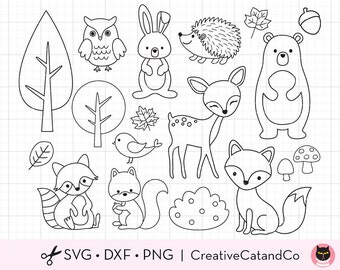 Outlined Woodland Animal Coloring SVG Clipart Deer Bear Bunny Squirrel Raccoon Fox Forest Animal Outline Coloring Svg Dxf Cut File Clipart