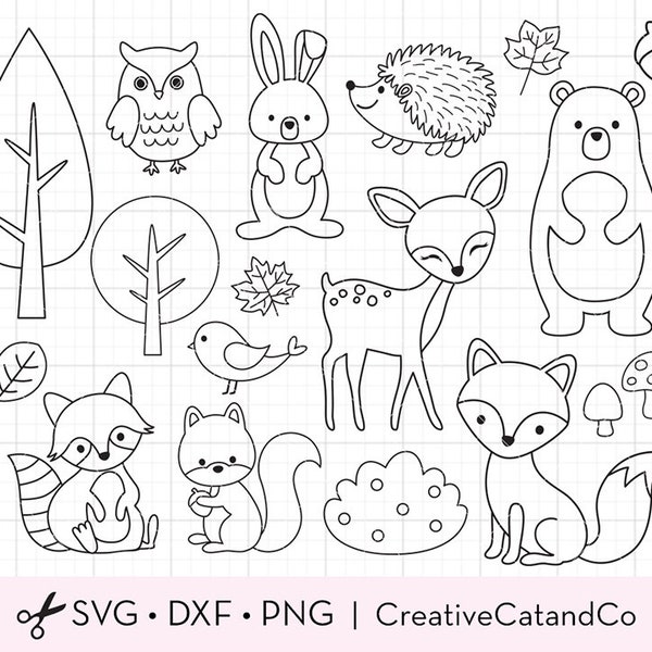 Outlined Woodland Animal Coloring SVG Clipart Deer Bear Bunny Squirrel Raccoon Fox Forest Animal Outline Coloring Svg Dxf Cut File Clipart