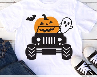Halloween Monster Truck SVG PNG DXF | Cool Pumpkin and Ghost Shirt Design | Kid Friendly Boy T Shirt Layered Cut File and Sublimation