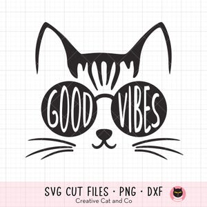 Good Vibes Kitty SVG, PNG, DXF - tête de chat mignon avec des lunettes de soleil des cliparts, conception de T-shirt d'été Silhouette de chat cool, fichier de coupe Cricut