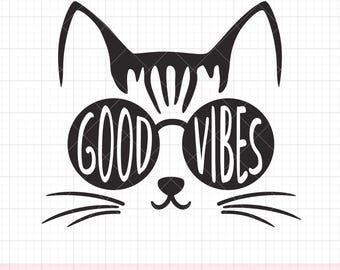 Good Vibes Cat SVG PNG DXF | Cool Kitty Face with Sunglasses and Text “Good Vibes” | Minimalist Summer T Shirt Design for Cat Lovers