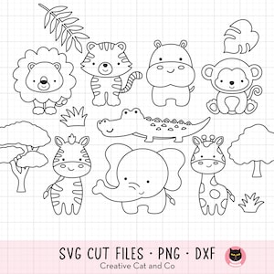 Umriss Safari Tiere SVG PNG Dschungeltiere Linie Kunst zum Ausmalen Digitaler Stempel Zebra Löwe Giraffe Kind Party Aktivität svg Dxf Png Clipart