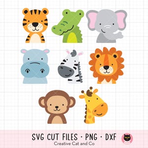 Wilde Tiergesichter SVG PNG, niedlicher Zoo-Dschungel-Safari-Tier Clipart, Tiger, Giraffe, Löwe, Affe, Zebra, Elefant, Kinderzimmer-Kind-Illustration