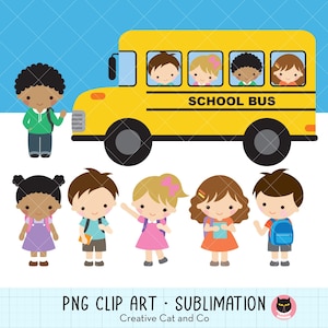 Zurück zu Schulkinder PNG Clipart, Grundschulkinder Clip Art, gelber Schulbus, schwarze Kinder, Kindergarten Illustration Cartoon