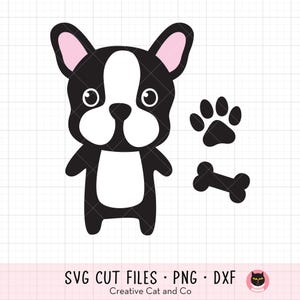 Franse Bulldog en Boston Terrier SVG, PNG - schattige baby Frenchie clipart met pootafdruk en bot, cartoon DXF, Cricut Cut-bestand