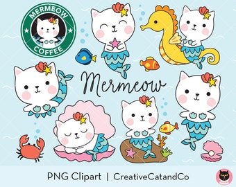 Cat Mermaid Clipart Cute Birthday Mermaid Cat Clip Art Funny Mermeow Cat Purrmaid PNG Clipart Clip Art Set Commercial Use