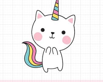 Licorne chat SVG PNG DXF Clipart | Chat mignon avec dessin animé corne de licorne | Fichier de coupe Cricut | Illustration dessinée à la main