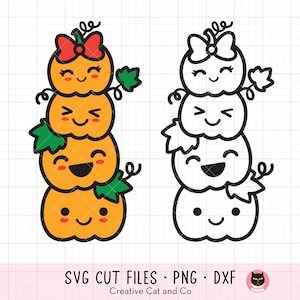 May include: A digital cut file design of a stack of four orange pumpkins with happy faces. The pumpkins are stacked on top of each other and have leaves and stems. The design is in black and white outline.