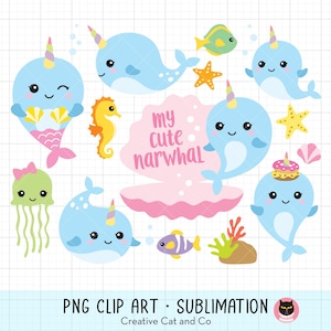 Narwhal PNG Clipart Bundle | Cute Baby Narwhal with Unicorn Horn Illustration | Hand Drawn Cartoon for Kids Crafts image 1