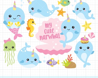 Narwal PNG Clipart Bundle | Süßer Baby Narwal mit Einhorn Horn Illustration | Handgezeichnete Cartoon für Kinder Basteln