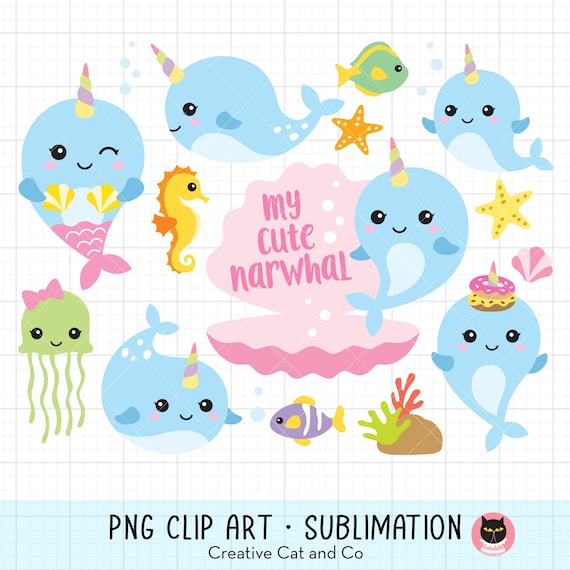 Narwhal PNG Clipart Bundle | Cute Baby Narwhal with Unicorn Horn Illustration | Hand Drawn Cartoon for Kids Crafts