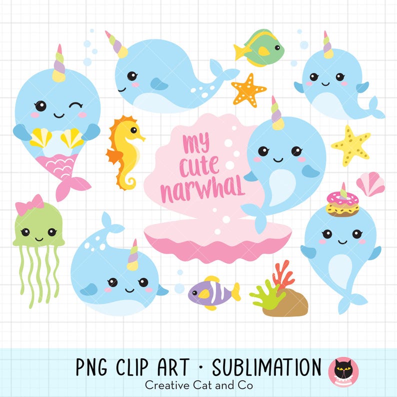 Narwhal PNG Clipart Bundle | Cute Baby Narwhal with Unicorn Horn Illustration | Hand Drawn Cartoon for Kids Crafts image 1