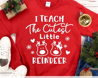 I Teach Cutest Little Reindeer SVG PNG DXF | Teacher Christmas Shirt Design | Cute Boy and Girl Reindeer Clipart for School Crafts