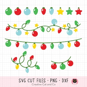 May include: SVG cut files for Christmas lights, stars, and ornaments. The lights are in a variety of colors, including red, green, blue, and yellow. The stars are red, green, and yellow. The ornaments are red, green, and blue.