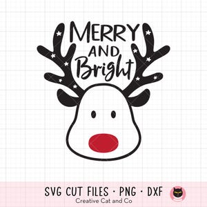 Reindeer Face Svg Png, Merry and Bright Christmas, Cute Reindeer Head, Reindeer Antler, Kid Christmas Shirt Design Svg, Dxf, Png, Cut File