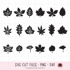 May include: A collection of black leaf silhouettes in various shapes and sizes, perfect for fall-themed crafts. The image includes SVG cut files, PNG, and DXF formats. The text "Creative Cat and Co" is also included.