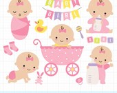 Baby Girl Shower PNG Clipart, Cute Hand Drawn Baby Girl, Nursery Art, Stroller, Milk Bottle, Swaddled Baby, Birthday Party, Banner Graphic