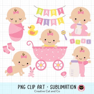 女の子のベビーシャワー PNG クリップアート、かわいいベビー用品のイラスト、ベビーカー、ミルクボトル、おくるみに包まれた赤ちゃん、誕生日パーティー、バナーグラフィック