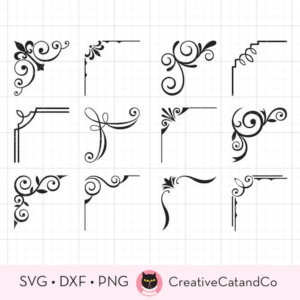 Corner Frame SVG DXF, Decorative Flourish Corner Frame svg dxf Clip Art Files for Cricut and Silhouette, Commercial Use