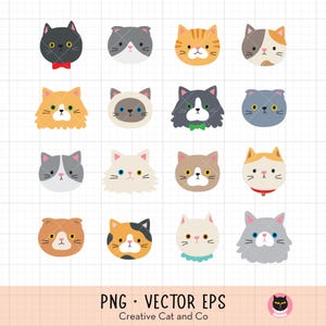 May include: A collection of sixteen cartoon cat faces in various colors and patterns. Each cat has a unique expression and features, including different eye colors, fur markings, and accessories like bow ties and collars. The image includes the text "PNG • VECTOR EPS" and "Creative Cat and Co."