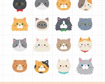 Cute Cat Faces Clipart Bundle PNG & Vector EPS | Hand Drawn Cat Head Graphics