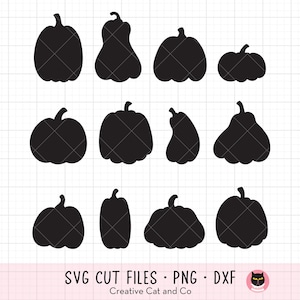 May include: A collection of black pumpkin silhouettes in various shapes and sizes. The image includes a variety of pumpkin designs, from round to oblong, with stems. The bottom of the image includes the text "SVG CUT FILES • PNG • DXF" and the Creative Cat and Co logo.