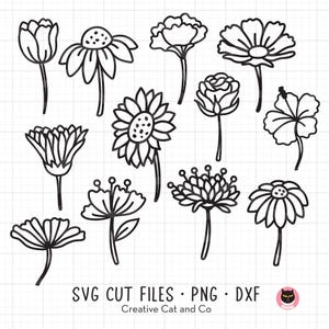 Bloem zijaanzicht doodles svg, enkele bloem tekening bundel, bloemcontouren, roos zonnebloem hibiscus madeliefje klaproos, svg, dxf, png, gesneden bestanden