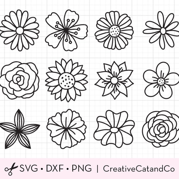 Single Flower Outline Svg, Spring Flower Doodles Bundle, Coloring, Line Art, Rose, Sunflower Daisy Hibiscus Peony, Svg Dxf Cut File Clipart