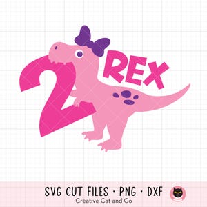May include: Pink dinosaur holding a pink number two with a purple bow on its head. The dinosaur has purple spots and the text "REX" is above the dinosaur.