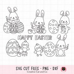 Coniglietto pasquale da colorare SVG PNG / Contorno di coniglio e pulcino Clipart / Attività per bambini, pittura delle uova / Divertente progetto pasquale