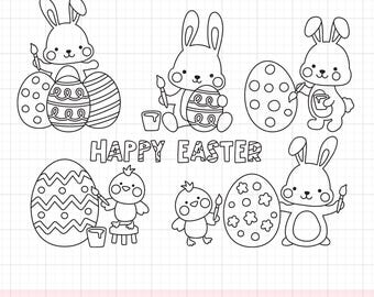 Kid Easter Bunny Coloring SVG PNG | Rabbit and Chick Outline Drawing Clipart | Kid Activity, Egg Painting | Fun Easter Project
