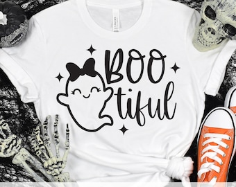 Bootiful Ghost SVG PNG DXF | Cute Halloween Girl Shirt Design | Funny Ghost with Bow Easy One Color Cut File for Kids