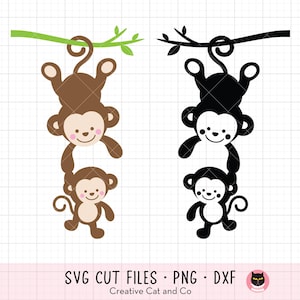 May include: Two sets of monkeys hanging from a branch. One set is brown and the other is black. The monkeys are in a playful pose with their arms and legs outstretched. The monkeys are holding onto each other's tails.