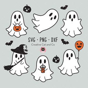 May include: A set of ten black and white digital clipart images of ghosts in various poses. The ghosts are holding a pumpkin, a balloon, a broom, and a cup of coffee. The text "SVG. PNG. DXF Creative Cat and Co" is at the bottom of the image.