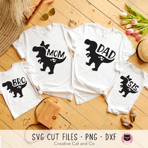 Familia de dinosaurios T-Rex SVG, PNG - Camisetas a juego para mamá, papá, hermano y hermana - Silueta de dinosaurio - Archivo de corte Cricut de un solo color, DXF
