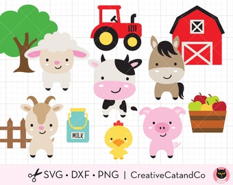 Cute Farm Animals Svg, Png, Clipart, Cow, Pig, Chicken, Sheep, Horse, Barn, Tractor, Farmhouse Animals, Svg, Dxf, Cut Files, Cricut