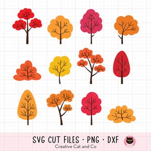 Puede incluir: Una colección de ilustraciones de árboles coloridos y estilizados en tonos rojos, naranjas y amarillos. Los árboles varían en forma y tamaño, con troncos y ramas marrones. La imagen incluye el texto "SVG CUT FILES • PNG • DXF" y "Creative Cat and Co."