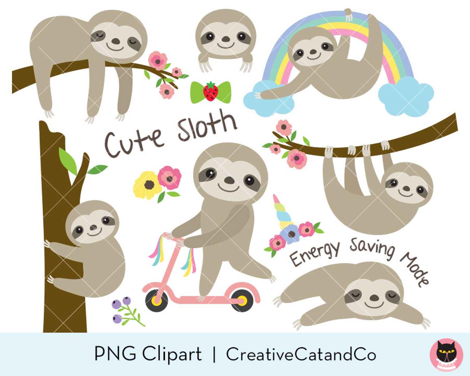 Sloth Clipart Cute Sloth Clip Art Baby Sloth Life on Tree - Etsy